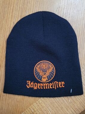 NEW Jagermeister Embroidered BEANIE Skull HAT Black Knit Orange Logo